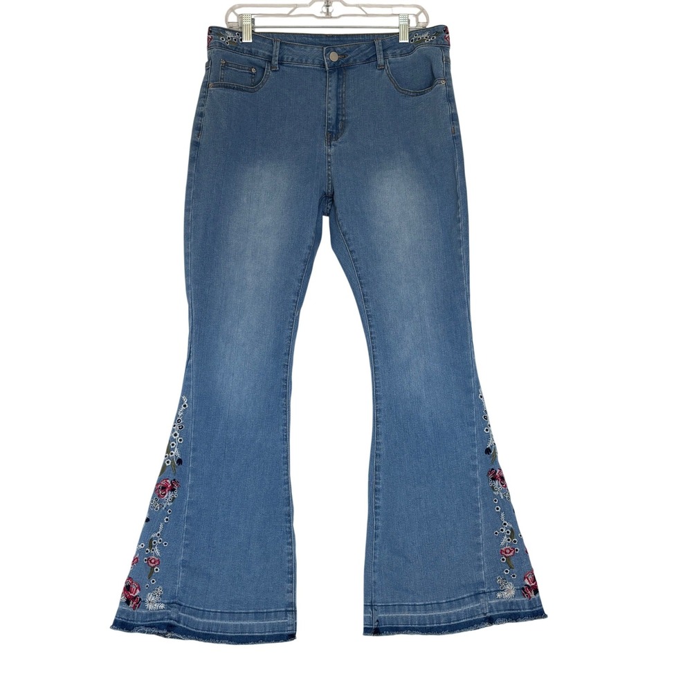 Boho Floral Embroidered Flare Jeans Medium Wash Bell Bottoms Denim Women Size 14
